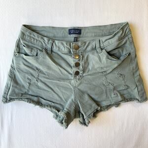 Angel Kiss Women Shorts 9/29 Sage Green Twill Distressed Button Frayed 2.5”